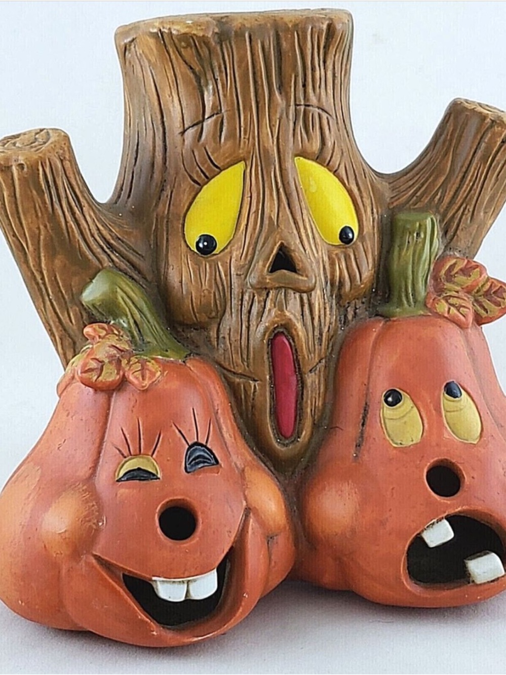 Vintage Style Ceramic Jack o Lantern Halloween Tea Light Holder Tree Stump 4”